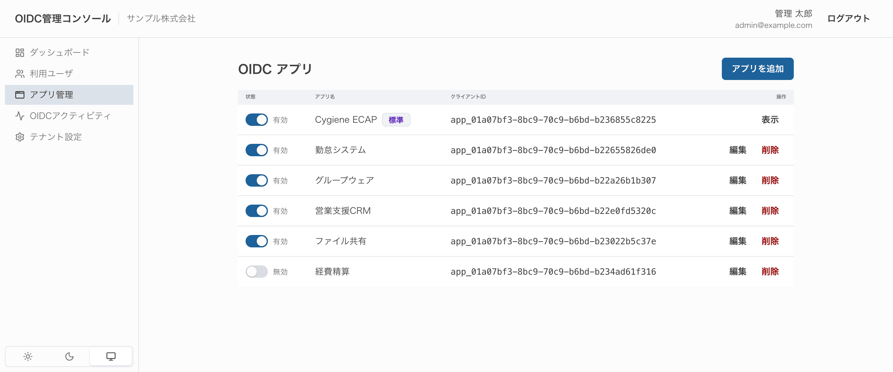 アプリ管理画面。先頭に標準アプリ Cygiene ECAP が表示されている。